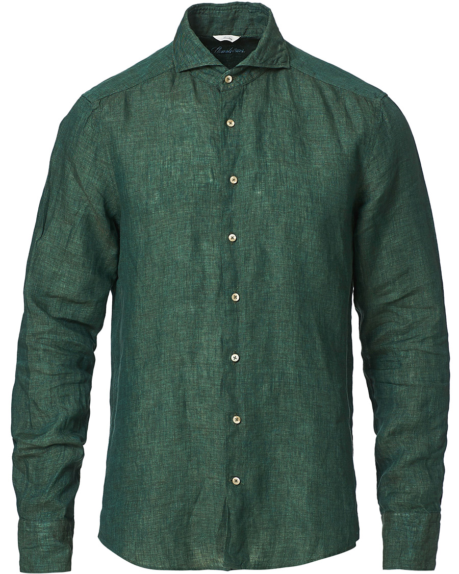 Herr | Skjortor | Stenströms | Slimline Cut Away Linen Shirt Dark Green