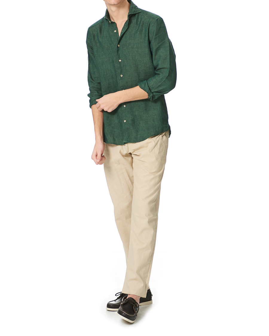 Herr | Skjortor | Stenströms | Slimline Cut Away Linen Shirt Dark Green