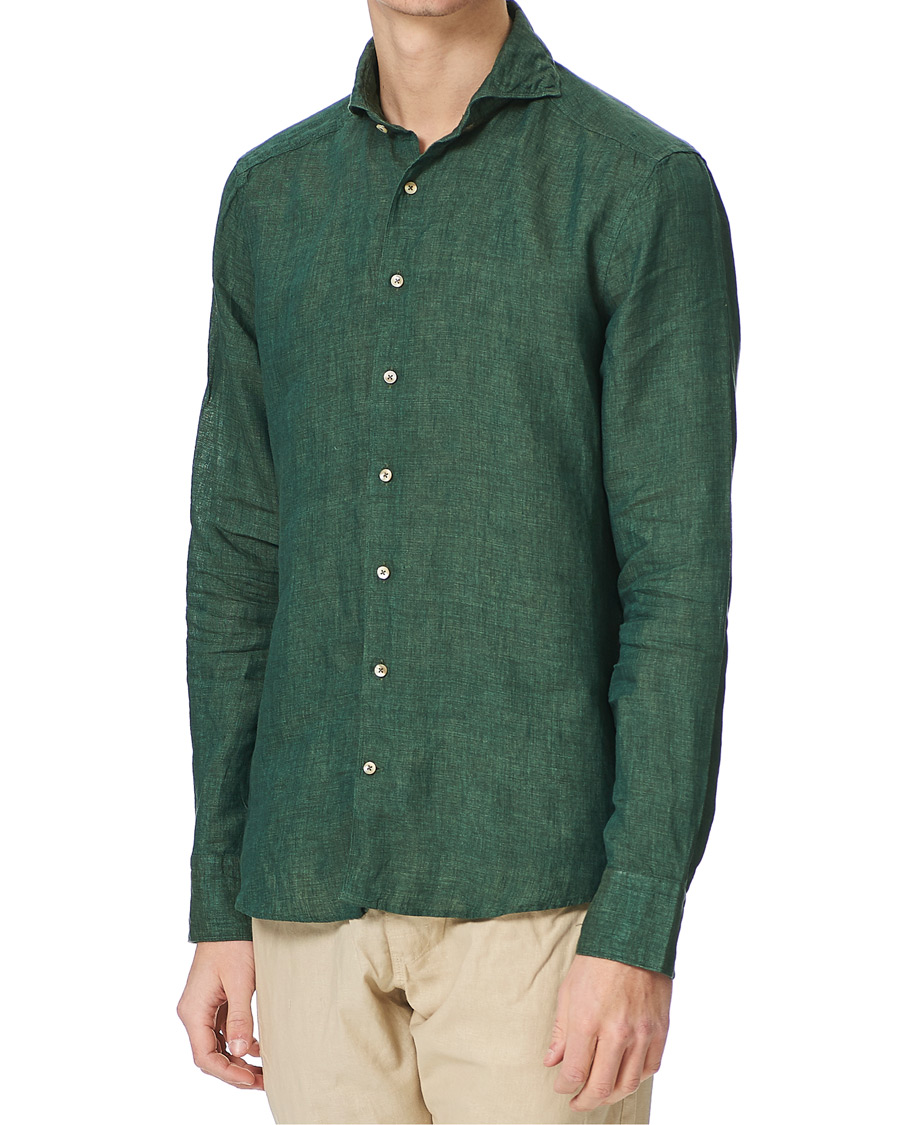 Herr | Skjortor | Stenströms | Slimline Cut Away Linen Shirt Dark Green