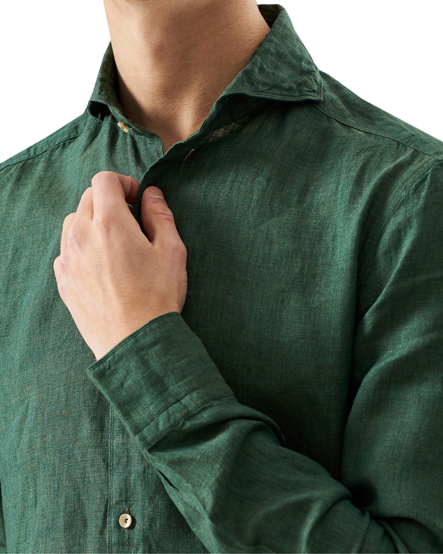 Herr | Skjortor | Stenströms | Slimline Cut Away Linen Shirt Dark Green