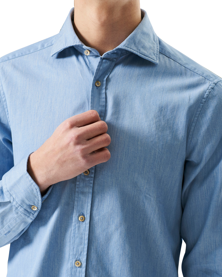 Herr | Skjortor | Stenströms | Slimline Cut Away Chambray Shirt Light Indigo