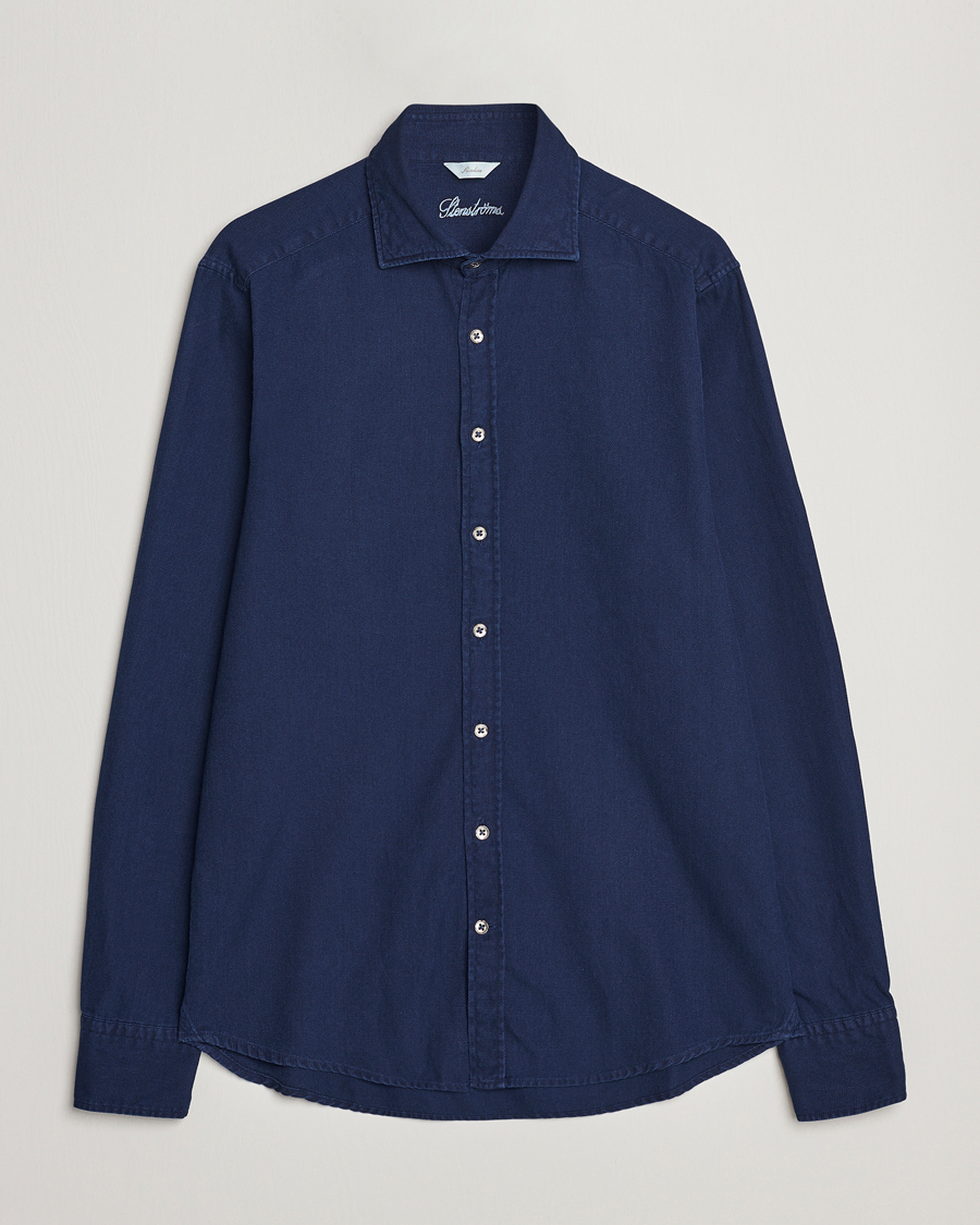 Herr |  | Stenströms | Slimline Washed Structured Denim Shirt Indigo Blue