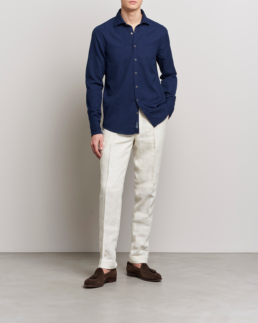 Herr | Skjortor | Stenströms | Slimline Washed Structured Denim Shirt Indigo Blue