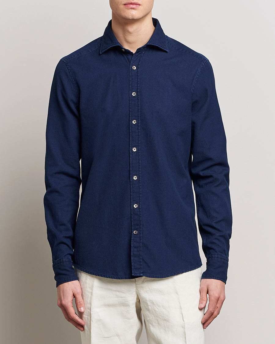 Herr |  | Stenströms | Slimline Washed Structured Denim Shirt Indigo Blue