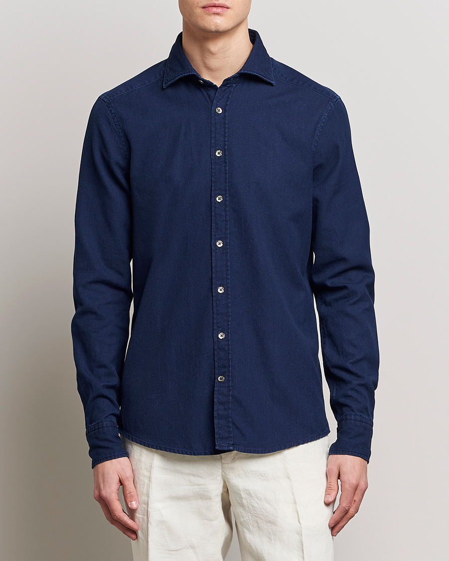 Herr | Casual | Stenströms | Slimline Washed Structured Denim Shirt Indigo Blue