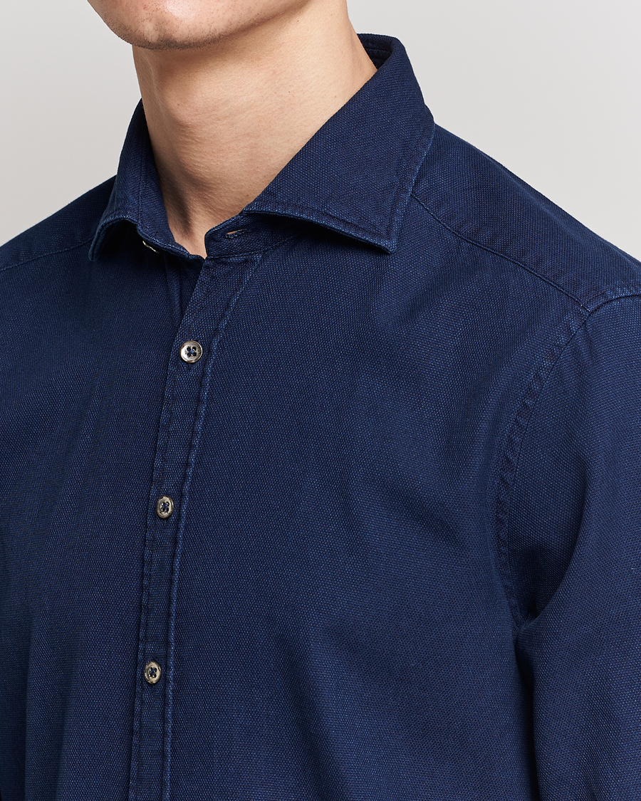 Herr | Skjortor | Stenströms | Slimline Washed Structured Denim Shirt Indigo Blue