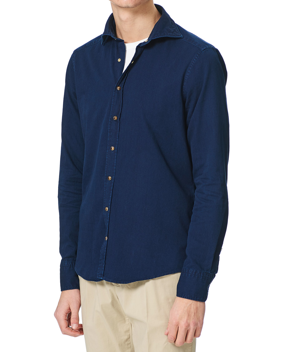 Herr | Skjortor | Stenströms | Slimline Denim Press Button Shirt Dark Indigo