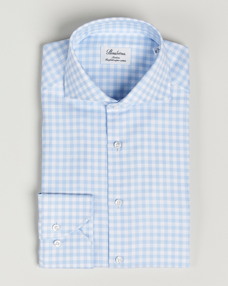 Herr | Skjortor | Stenströms | Slimline Checked Cut Away Shirt Light Blue