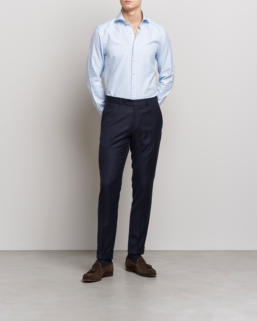 Herr | Skjortor | Stenströms | Slimline Checked Cut Away Shirt Light Blue