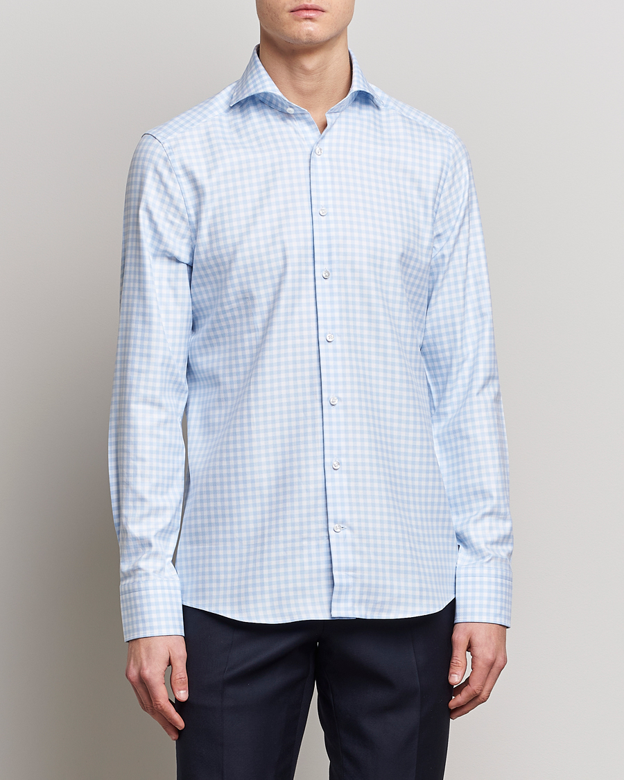 Herr | Skjortor | Stenströms | Slimline Checked Cut Away Shirt Light Blue
