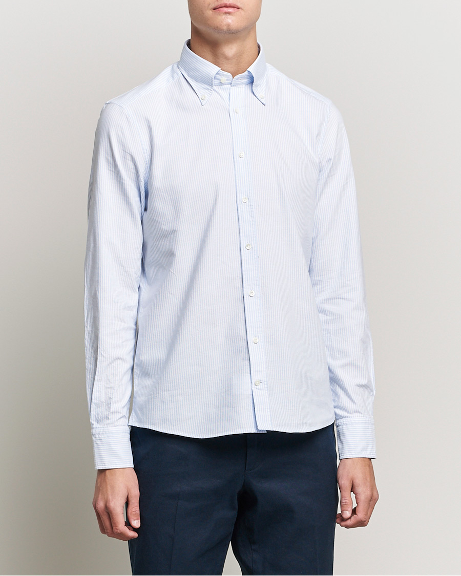 Herr | Oxfordskjortor | Stenströms | Slimline Washed Striped Oxford Shirt Light Blue
