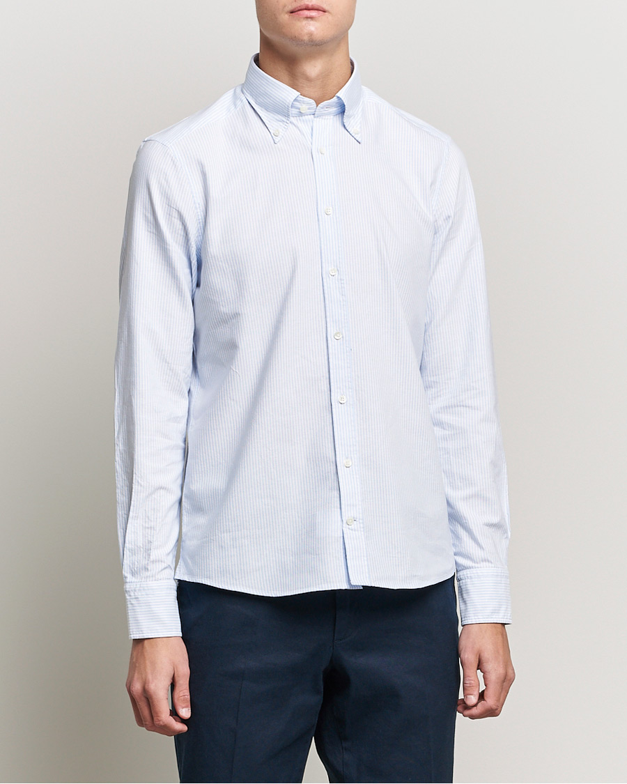 Herr | Skjortor | Stenströms | Slimline Washed Striped Oxford Shirt Light Blue