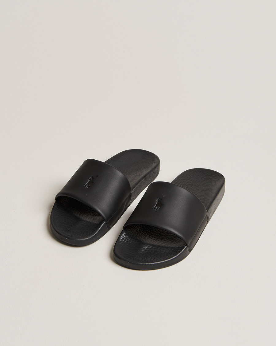 Herr | Polo Ralph Lauren Leather Logo Slides Black | Polo Ralph Lauren | Leather Logo Slides Black