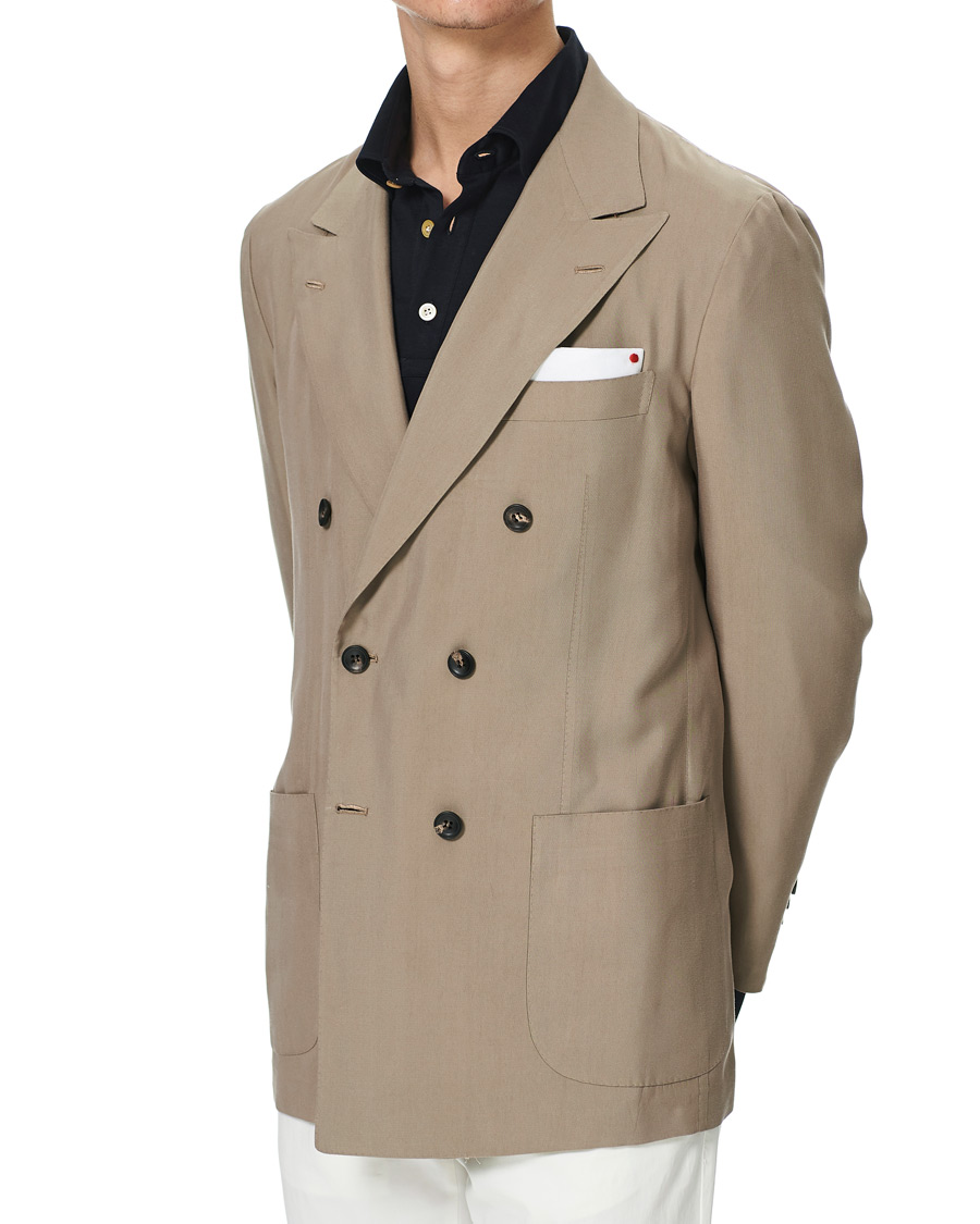 Herr | Kavajer | Kiton | Washed Silk Double Breasted Blazer Beige 48