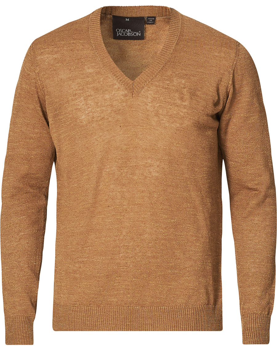 Herr | Tröjor | Oscar Jacobson | Lionel Linen/Cotton V-Neck Brown