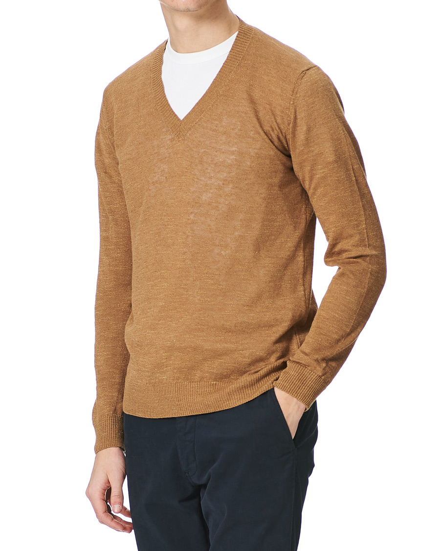 Herr | Tröjor | Oscar Jacobson | Lionel Linen/Cotton V-Neck Brown
