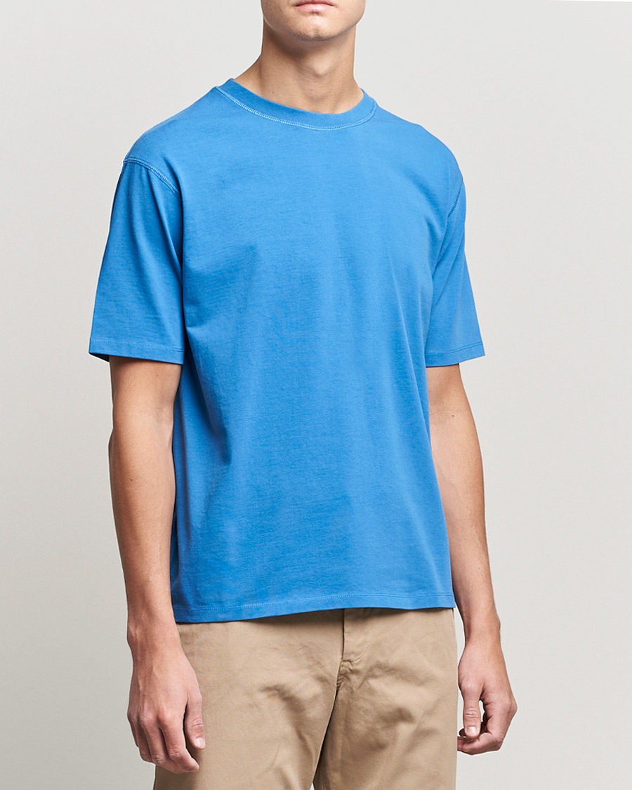 Herr | T-Shirts | Drake's | Cotton Hiking Tee Blue