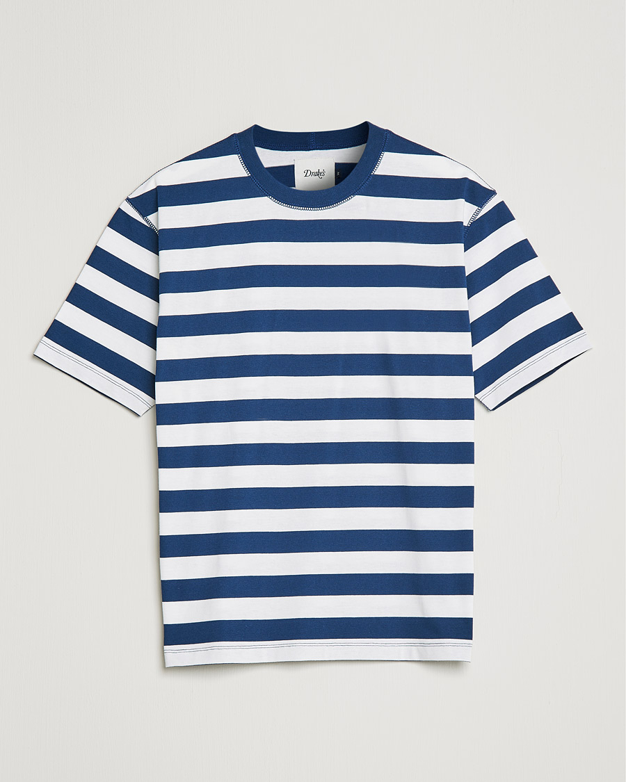 Herr | T-Shirts | Drake's | Striped Cotton Hiking Tee White/Navy