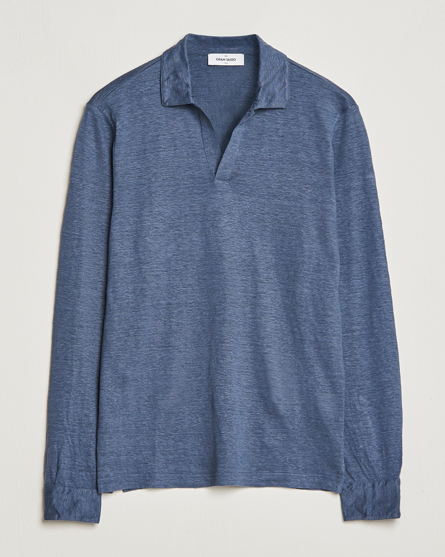 Herr | Tröjor | Gran Sasso | Washed Linen Long Sleeve Polo Blue Melange