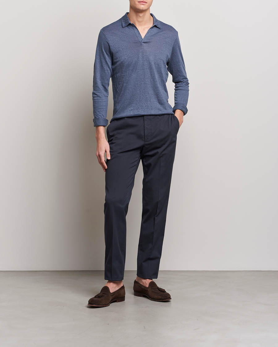 Herr | Tröjor | Gran Sasso | Washed Linen Long Sleeve Polo Blue Melange