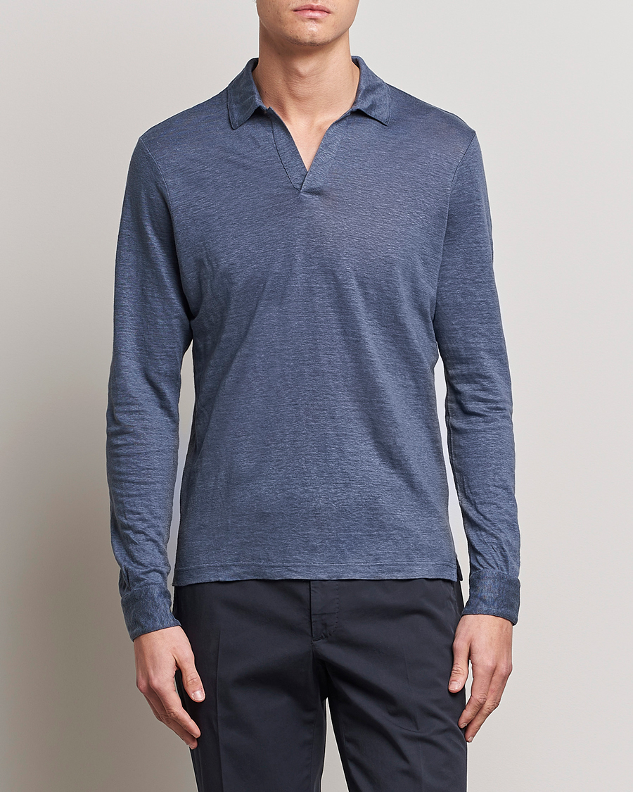 Herr | Tröjor | Gran Sasso | Washed Linen Long Sleeve Polo Blue Melange