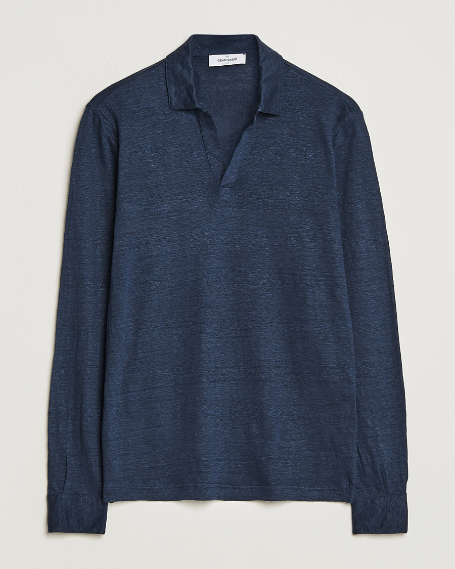 Herr | Pikéer | Gran Sasso | Washed Linen Long Sleeve Polo Navy Melange