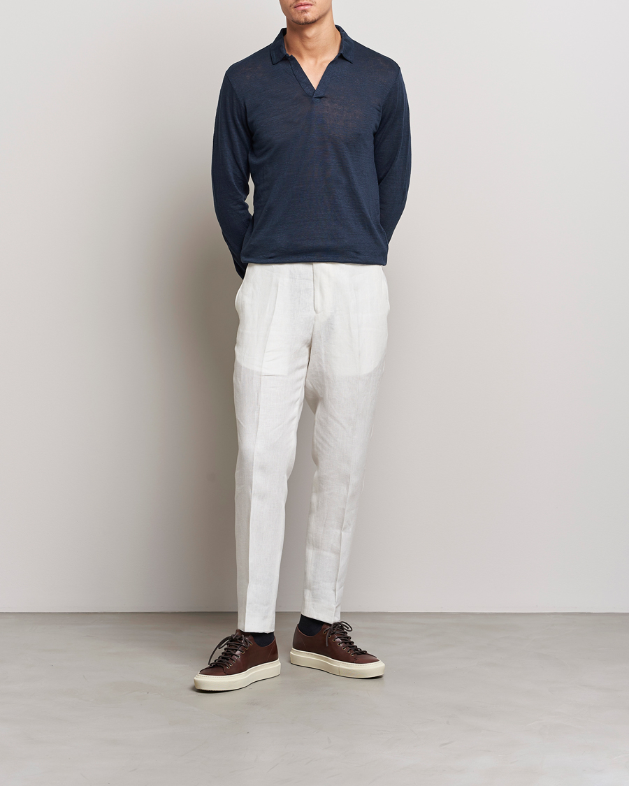 Herr | Pikéer | Gran Sasso | Washed Linen Long Sleeve Polo Navy Melange