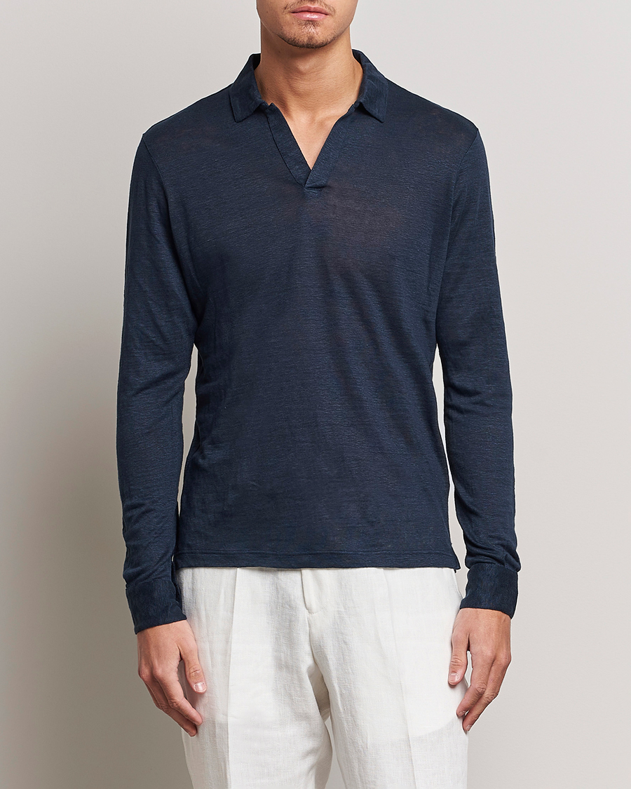 Herr | Pikéer | Gran Sasso | Washed Linen Long Sleeve Polo Navy Melange