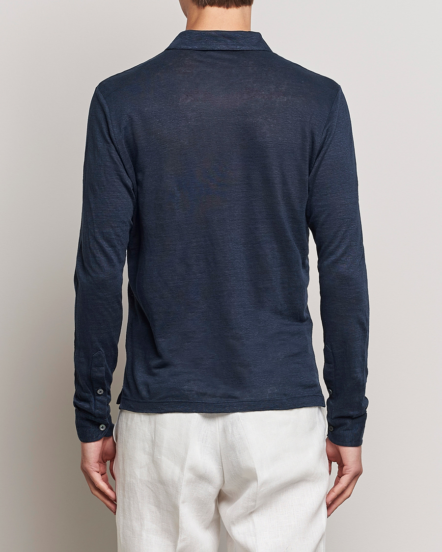 Herr | Pikéer | Gran Sasso | Washed Linen Long Sleeve Polo Navy Melange