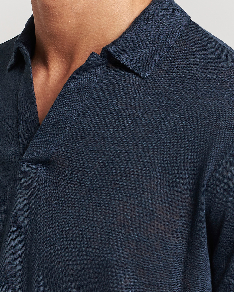 Herr | Pikéer | Gran Sasso | Washed Linen Long Sleeve Polo Navy Melange