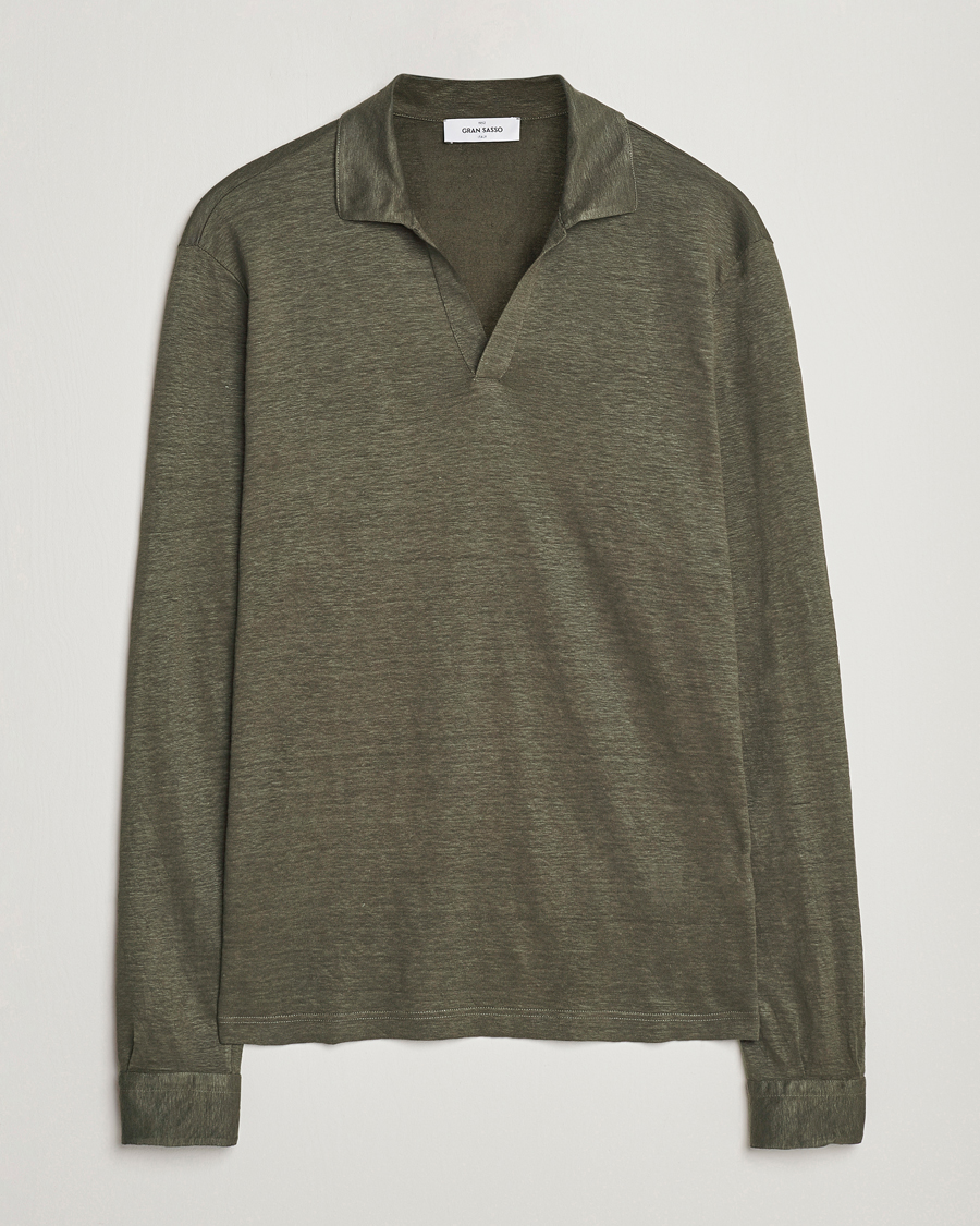 Herr | Tröjor | Gran Sasso | Washed Linen Long Sleeve Polo Dark Green