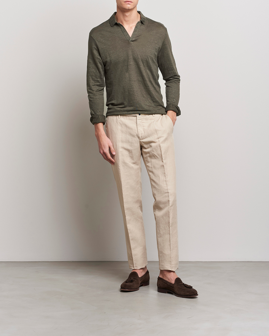 Herr | Tröjor | Gran Sasso | Washed Linen Long Sleeve Polo Dark Green