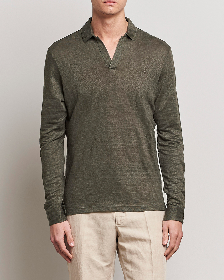Herr | Tröjor | Gran Sasso | Washed Linen Long Sleeve Polo Dark Green