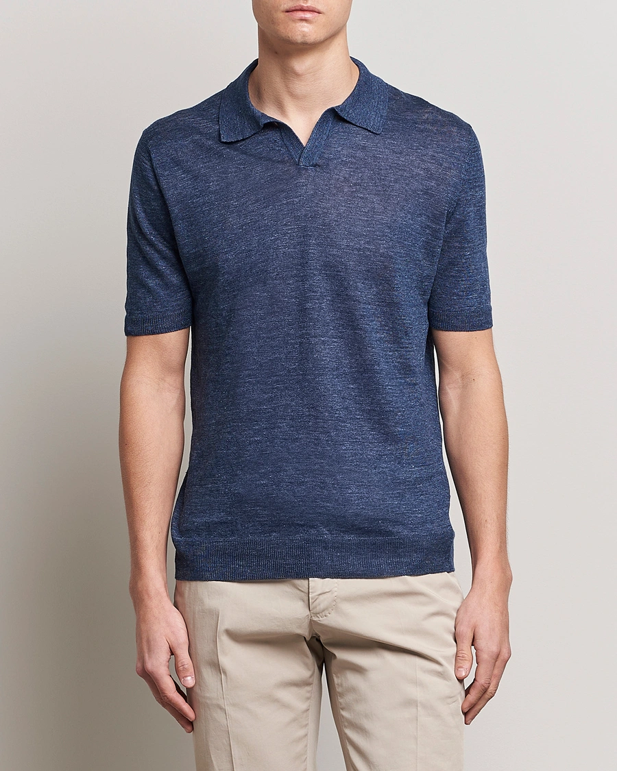 Herr | Pikéer | Gran Sasso | Knitted Linen Polo Navy Melange
