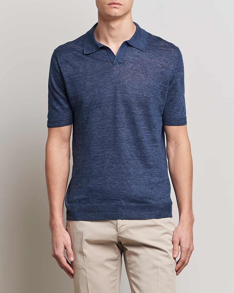 Herr | Pikéer | Gran Sasso | Knitted Linen Polo Navy Melange