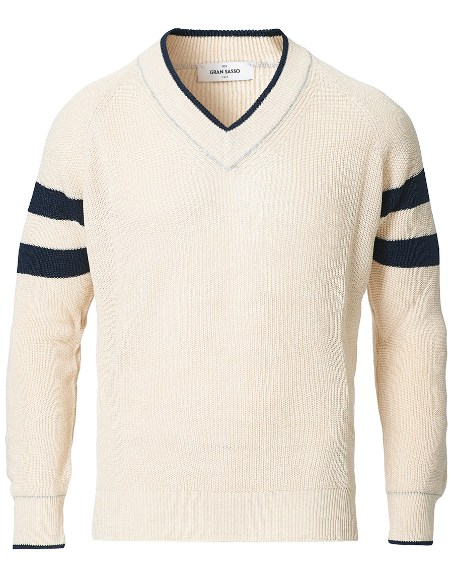 Herr | Tröjor | Gran Sasso | Linen/Cotton Cricket V-Neck Sweater White