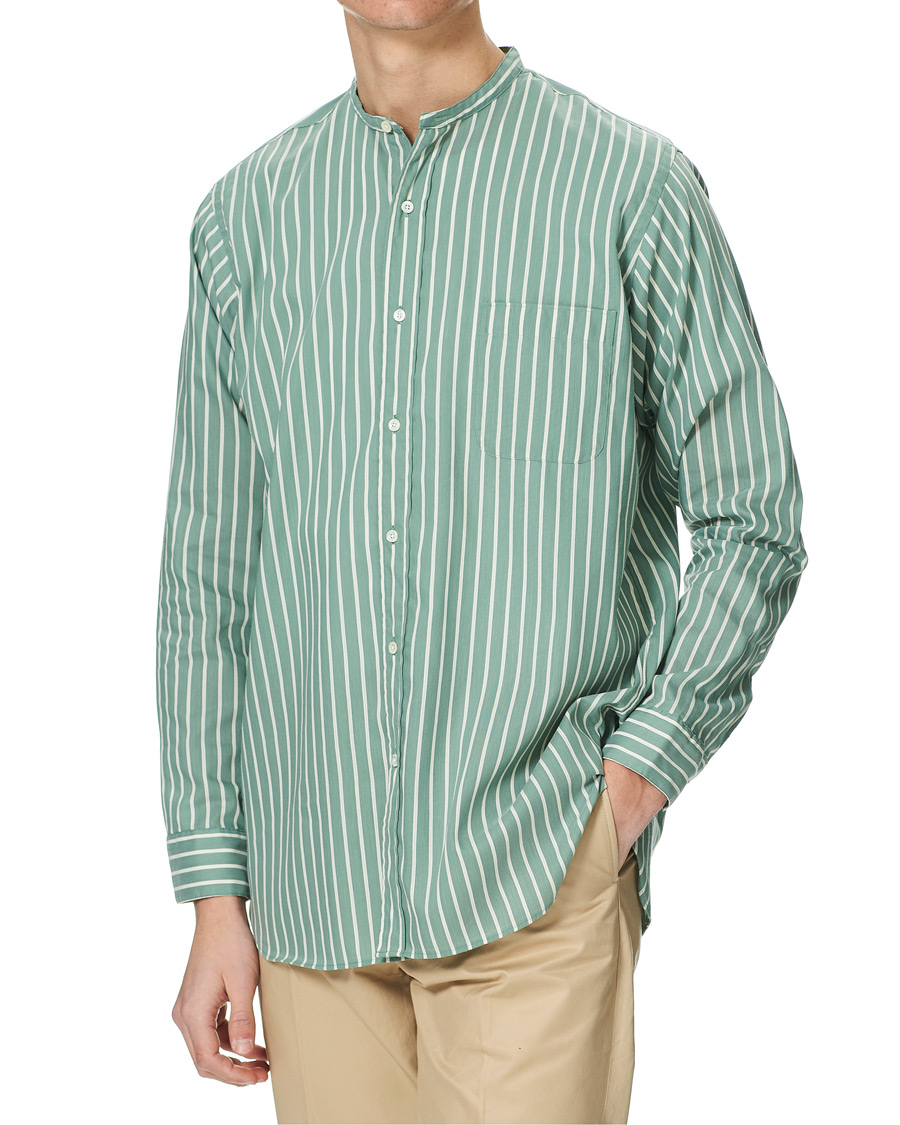 Herr | Skjortor | BEAMS PLUS | Band Collar Striped Shirt Green/White
