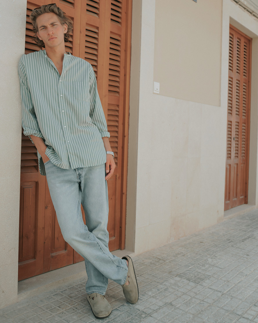 Herr | Skjortor | BEAMS PLUS | Band Collar Striped Shirt Green/White