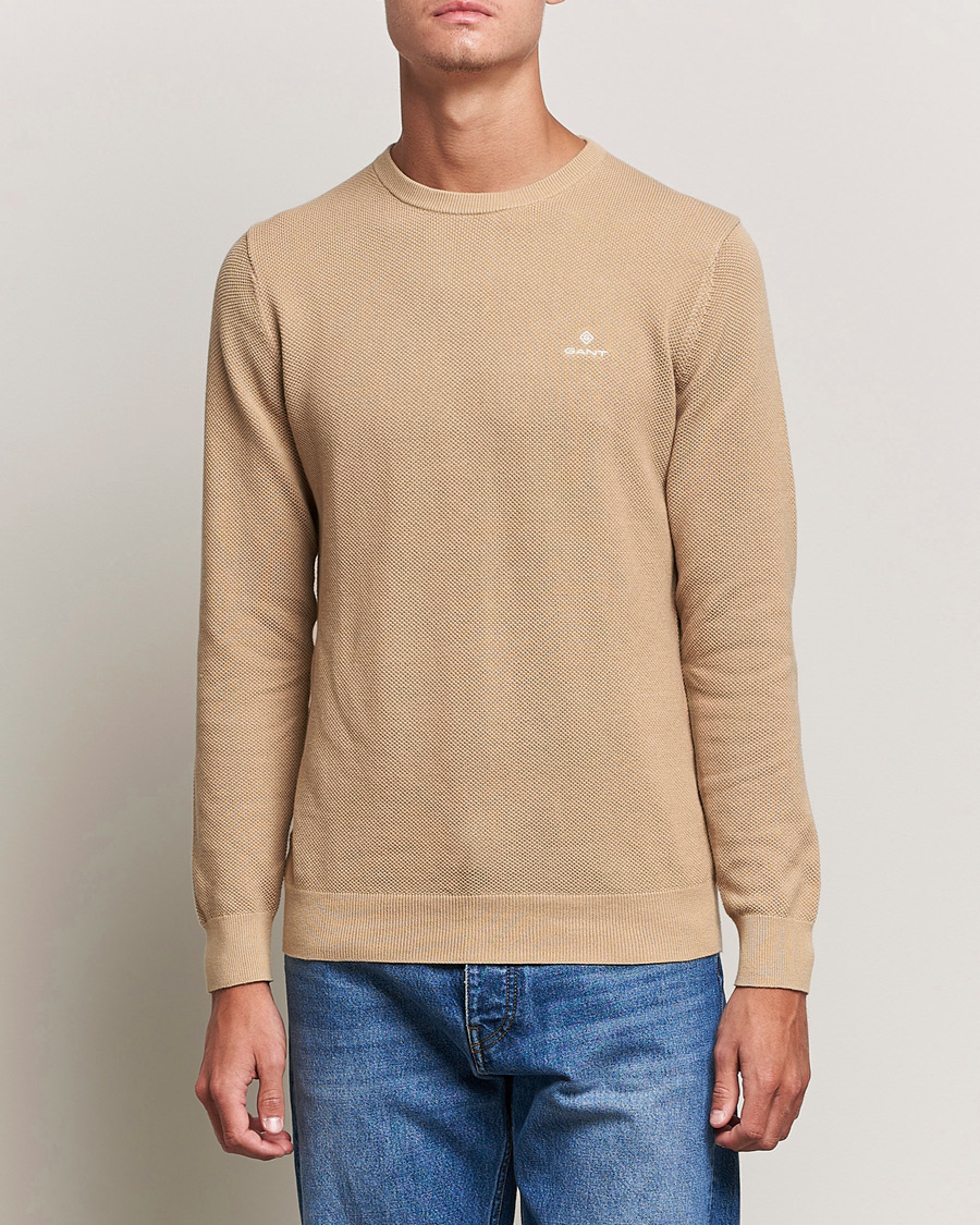Herr | Tröjor | GANT | Cotton Pique Crew Neck Pullover Dark Khaki