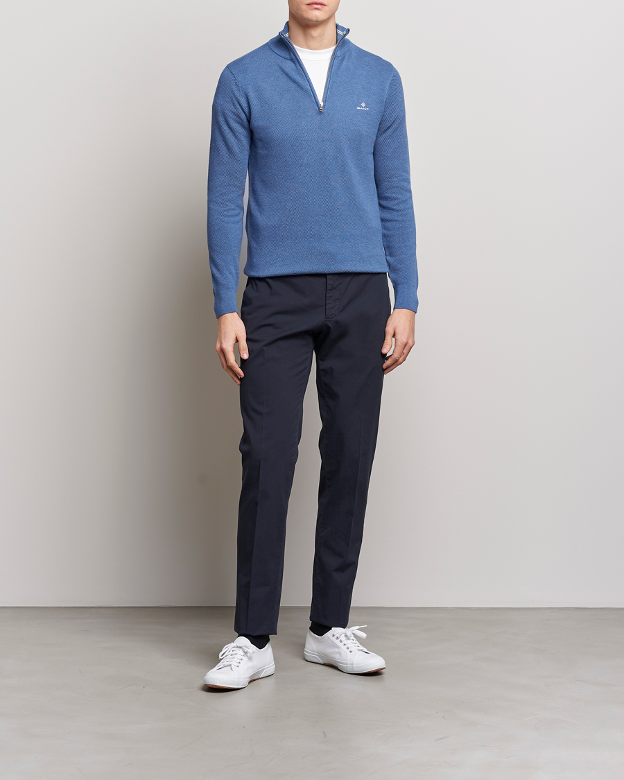 Herr | Tröjor | GANT | Cotton Pique Half-Zip Sweater Denim Blue Melange