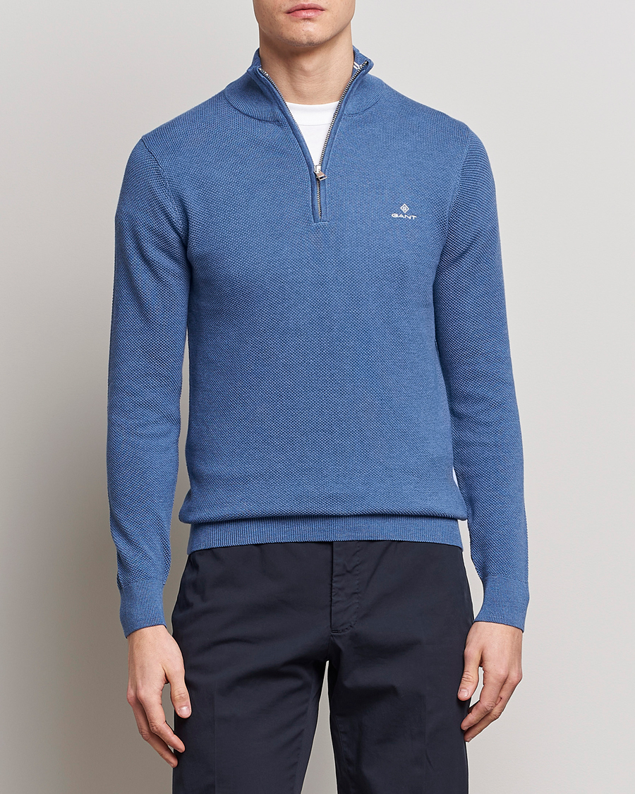 Herr | GANT | GANT | Cotton Pique Half-Zip Sweater Denim Blue Melange