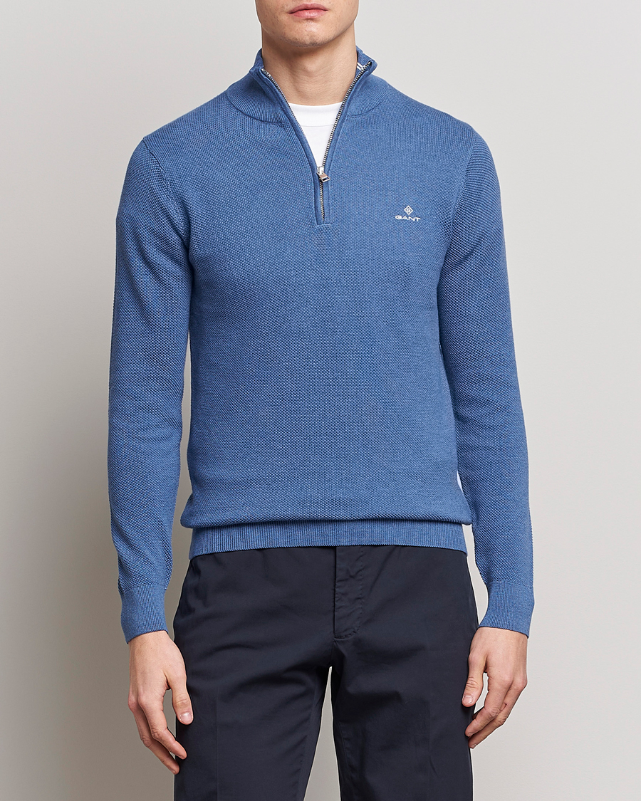 Herr | Tröjor | GANT | Cotton Pique Half-Zip Sweater Denim Blue Melange