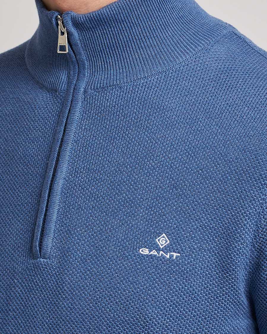 Herr | Tröjor | GANT | Cotton Pique Half-Zip Sweater Denim Blue Melange