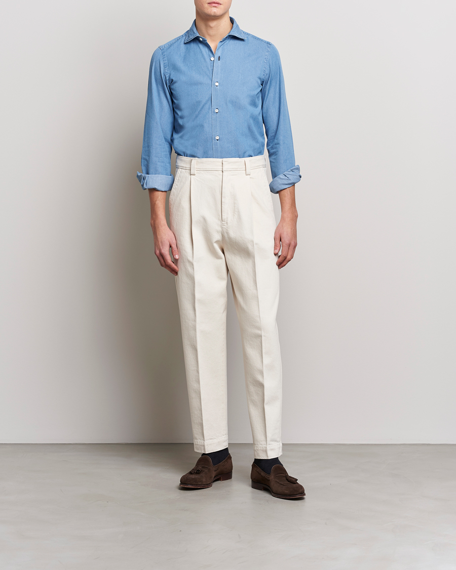 Herr | Jeansskjortor | Finamore Napoli | Milano Slim Denim Shirt Light Indigo