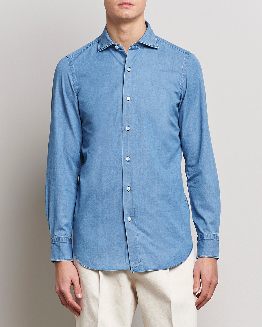 Herr | Jeansskjortor | Finamore Napoli | Milano Slim Denim Shirt Light Indigo