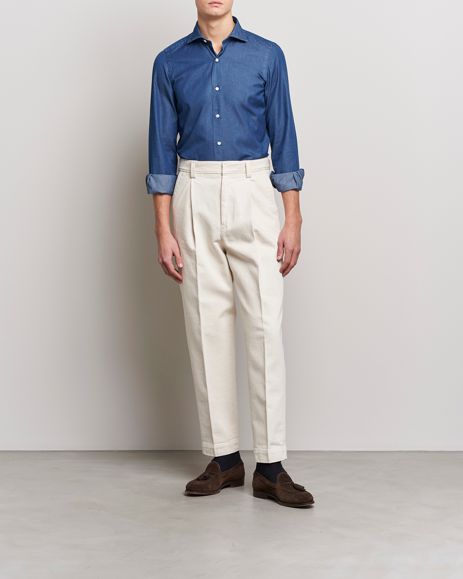Herr | Jeansskjortor | Finamore Napoli | Milano Slim Denim Shirt Dark Indigo