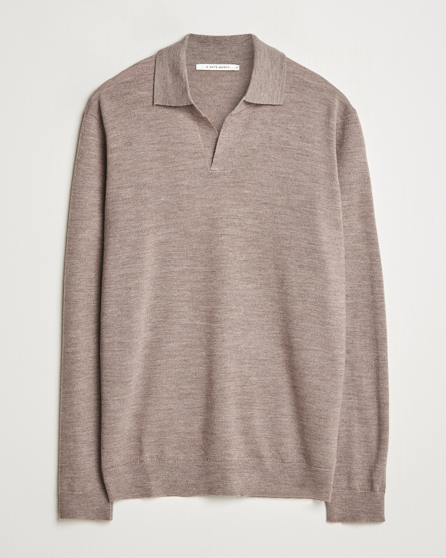 Herr | Tröjor | A Day's March | Manol Open Collar Merino Polo Taupe Melange