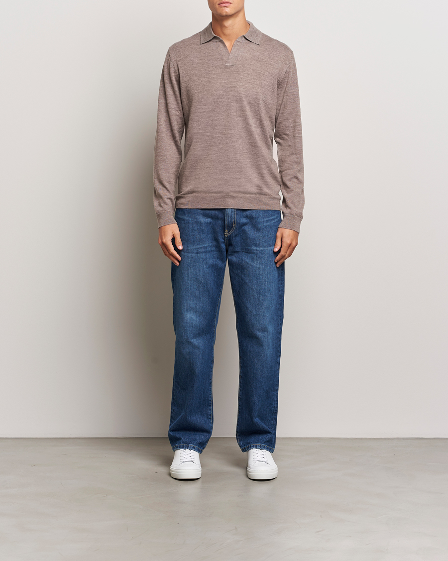 Herr | Tröjor | A Day's March | Manol Open Collar Merino Polo Taupe Melange