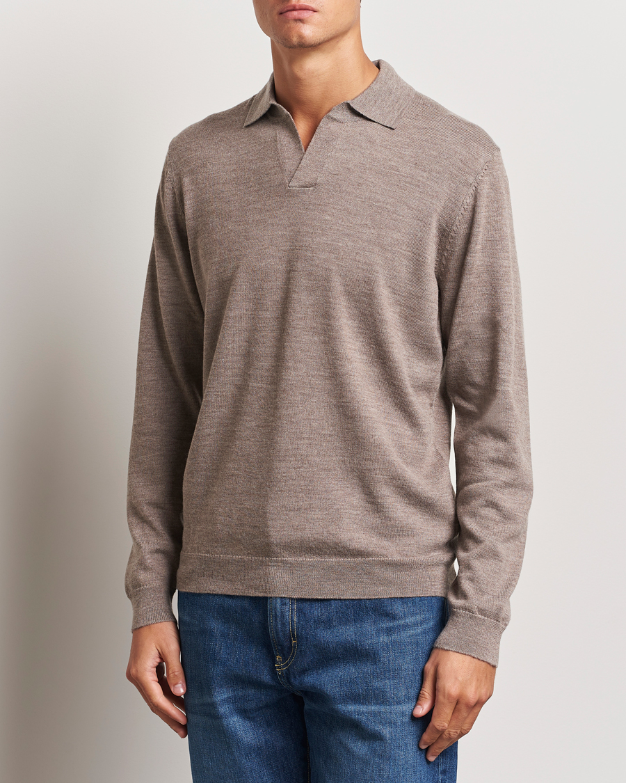 Herr | Tröjor | A Day's March | Manol Open Collar Merino Polo Taupe Melange