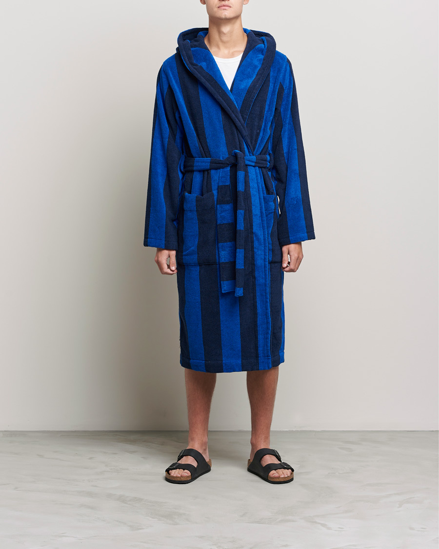 Herr | Pyjamas & Morgonrockar | Tekla | Organic Terry Hooded Bathrobe Navy Block Stripes
